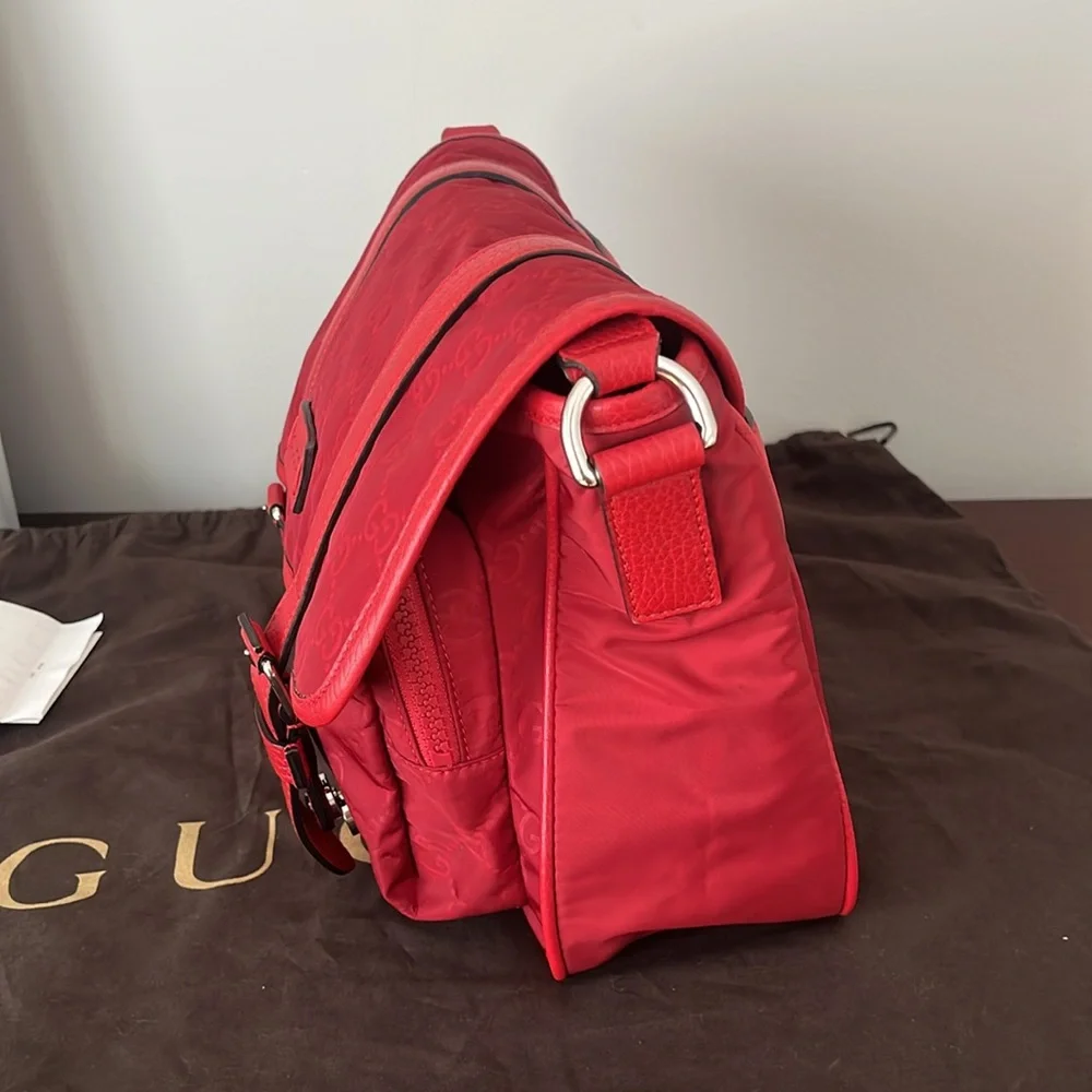 Gucci crossbody bag Guccissima Nylon Monogram Double Buckle Flap Vibrant Red - Picture 6 of 12